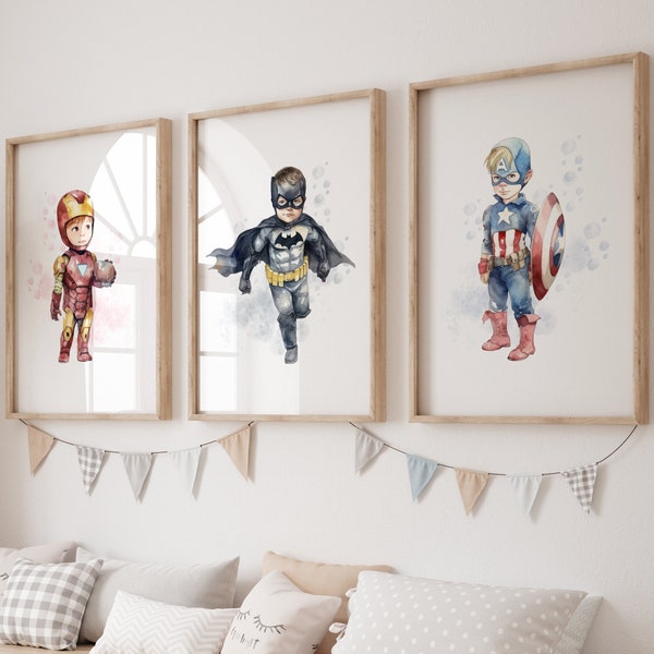 Superhero Nursery Decor, Super Hero Nursery Wall Art Prints, Superheroes Nursery Art, Little Boys Bedroom - DIGITAL FILE - Set of 3