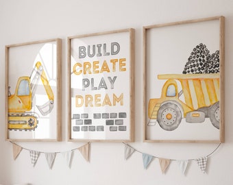 CONSTRUCTION Nursery Decor, DUMP TRUCK Nursery Wall Art Prints, Construction Nursery Art, Boys Room Decor - Set of 3