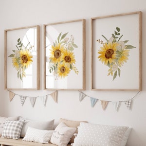 Sunflower Nursery Wall Art Print Set, , Baby Girl Sunflower Nursery Decor, Sunflower Wall Art Prints, Watercolor Sunflower - Set of 3