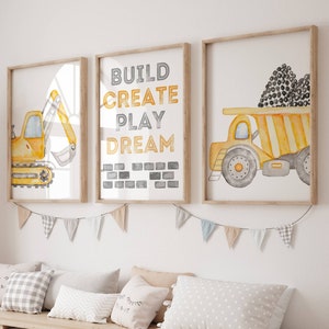 CONSTRUCTION Nursery Decor, DUMP TRUCK Nursery Wall Art Prints, Construction Nursery Art, Boys Room Decor - Set of 3