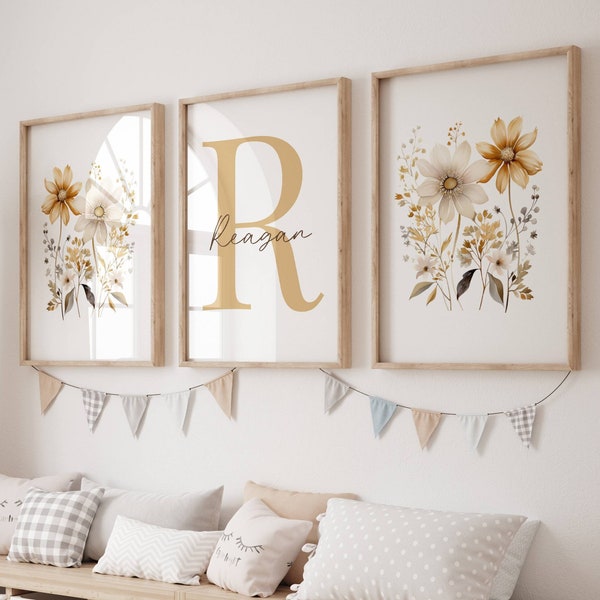 Boho Wildflower Neutral Cream Floral Nursery Wall Art Set - Personalized Floral Name Initial Print - Printable File Only