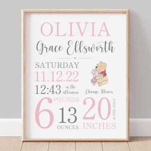 Winnie Puuh Kinderzimmer Dekor - personalisierte Baby Mädchen Geburtsankündigung - Wandkunst - Baby Mädchen Zimmer Dekor - DRUCKBAR