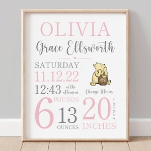 Arte de pared personalizado de Winnie the Pooh para la habitación de tu bebé, póster con detalles de nacimiento, letrero con las estadísticas del bebé, impresión de recuerdo de nacimiento - IMPRIMIBLE