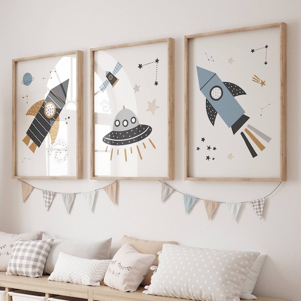 Space Nursery Decor, Outer Space Nursery Wall Art Prints, Planet Nursery Art, Space Boys Room Decor, Space Bedroom Decor - Set of 3