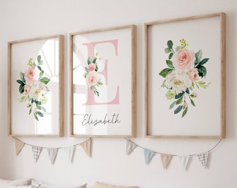 Floral Nursery Print - Personalized Floral Wall Art for Babys Room - Pink Blush Floral Name and Initial Design - - Printable File Only