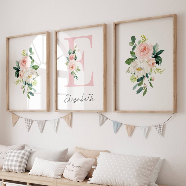 Floral Nursery Print - Personalized Floral Wall Art for Babys Room - Pink Blush Floral Name and Initial Design - - Printable File Only