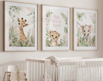Láminas decorativas infantiles de temática de safari en la jungla rosa, cita infantil "Eres tan amada", decoración para la habitación de una niña.