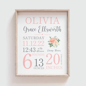 Peach Coral Floral Nursery Decor Wall Art, Baby Birth Stat, Birth Announcement, Personalized Baby Girl Gift, Baby Girl Room Decor