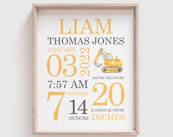Construction Vehicles Excavator Nursery Wall Art, Baby Birth Stat, Personalized Baby Boy Gift, Baby Boy Room Decor, Baby Boy Nursery Decor