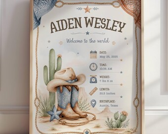 Lámina personalizada con las estadísticas de nacimiento de un vaquero – Decoración de estilo western para la habitación de un bebé niño