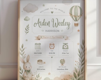 Lámina personalizada neutra con las estadísticas de nacimiento de un bebé niño - Habitación infantil en tonos verde salvia y beige – Globo aerostático y conejito - Decoración para la habitación del bebé niño