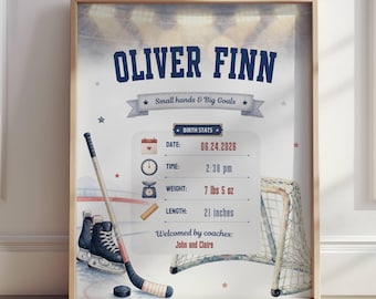 Letrero con estadísticas de nacimiento de hockey • Decoración de pared para habitación infantil de hockey • Láminas deportivas para habitación infantil de bebé niño • Lámina para dormitorio de niño