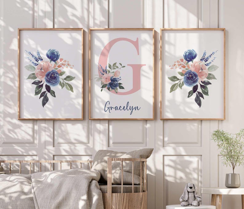 Personalized Floral Initial Nursery Art, Navy Blush Peach Girl Name ...