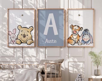 Juego de láminas para habitación infantil de Winnie the Pooh, arte personalizado para la habitación del bebé Pooh, nombre personalizado para el bebé, decoración para la habitación del bebé Pooh, arte de pared del oso Pooh para la habitación del bebé