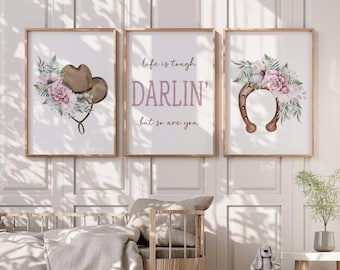 Láminas de pared con diseño de vaquera con flores rosas - Decoración para habitación de bebé niña - Láminas decorativas - Decoración para dormitorio de niña pequeña