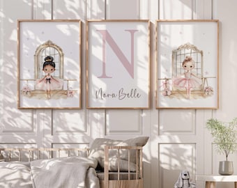 Pastel Pink Floral Ballerina Wall Art Prints, Personalized Baby Girl Nursery Decor, Girls Bedroom Wall Art, Ballet Nursery Wall Art Decor