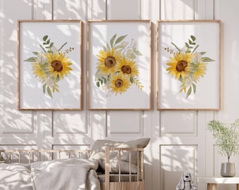 Sunflower Nursery Wall Art Print Set, , Baby Girl Sunflower Nursery Decor, Sunflower Wall Art Prints, Watercolor Sunflower