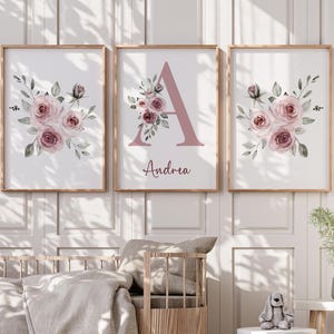 Personalized Pink Floral Baby Girls Nursery Bedroom Wall Art Decor, Custom Letter Initial Baby Name Wall Art Prints