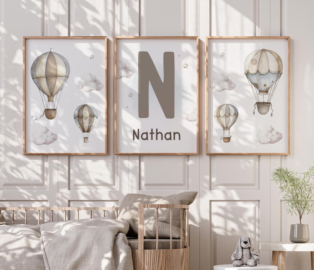 Personalized Hot Air Balloon Nursery Print Set • Custom Baby Name Wall ...