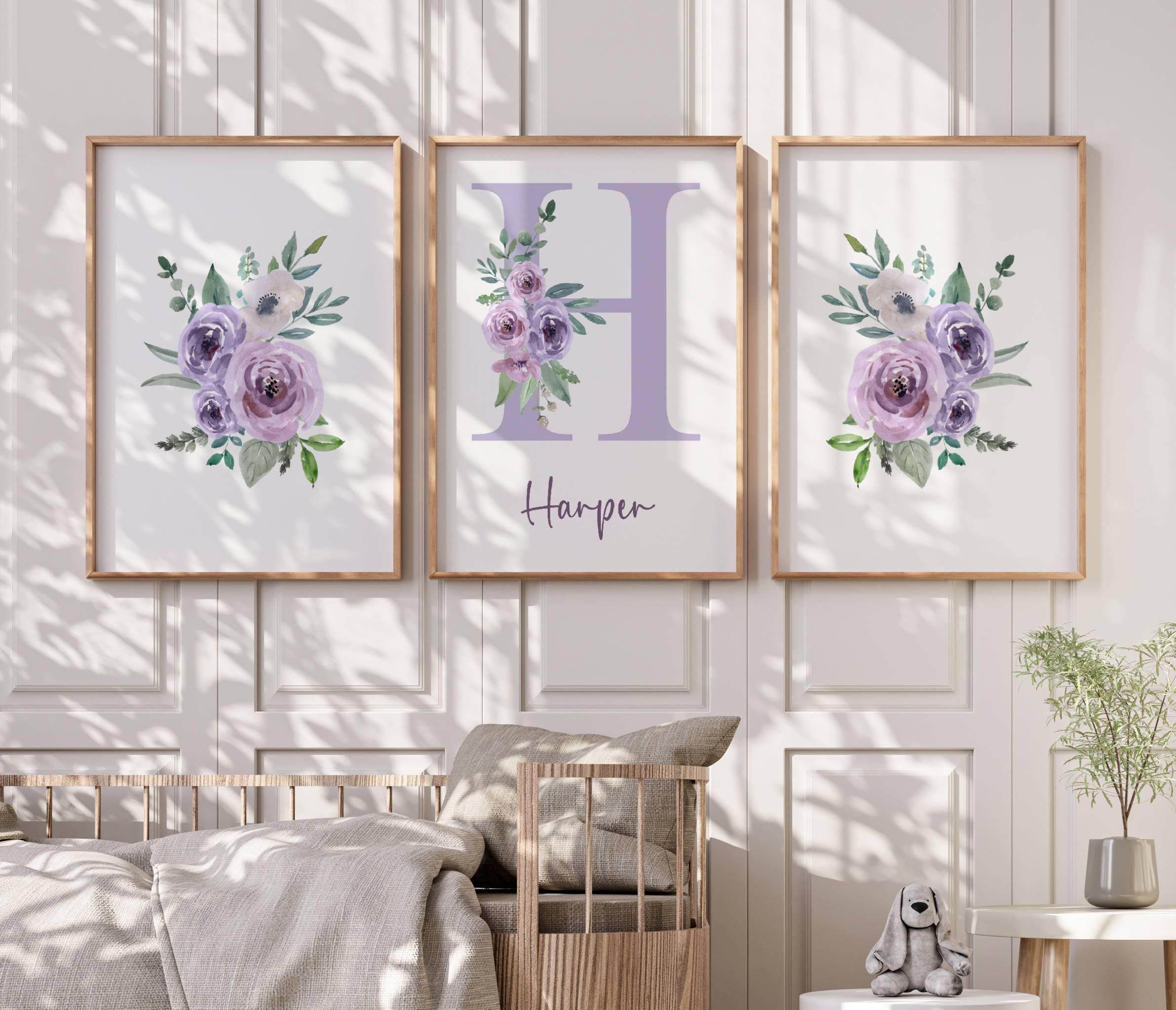 Personalized Purple Floral Baby Girls Nursery Bedroom Wall Art Decor ...