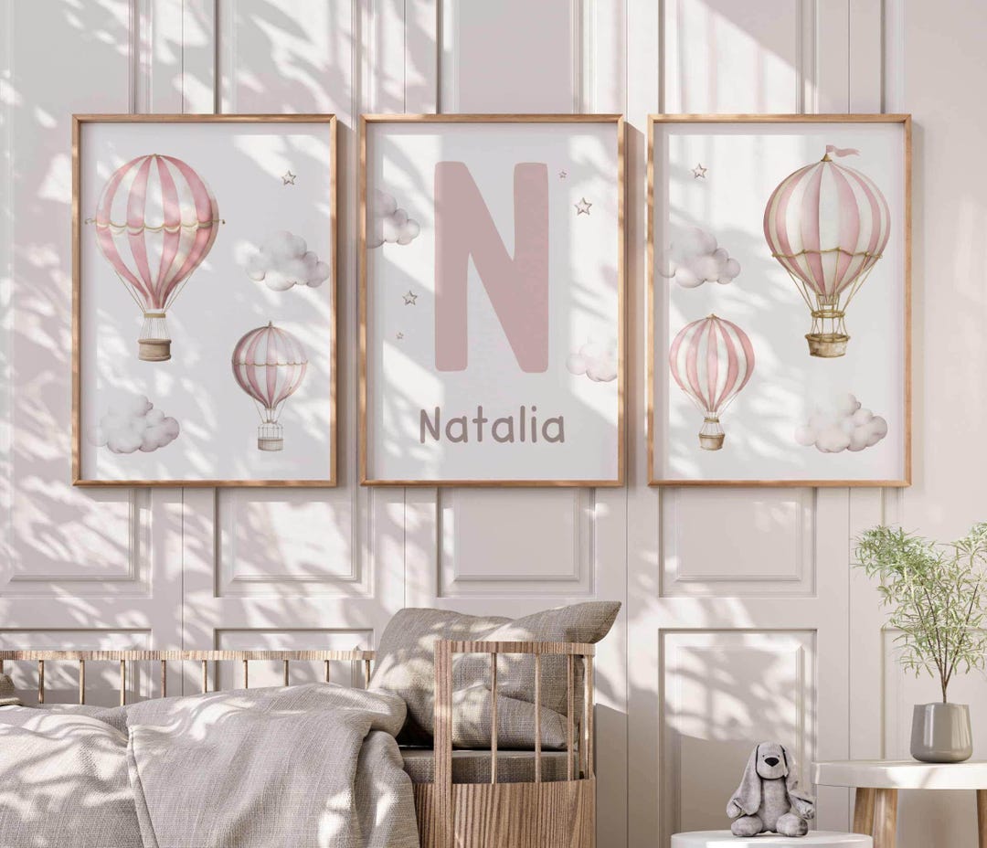 Personalized Pink Blush Hot Air Balloon Nursery Print Set • Baby Name ...