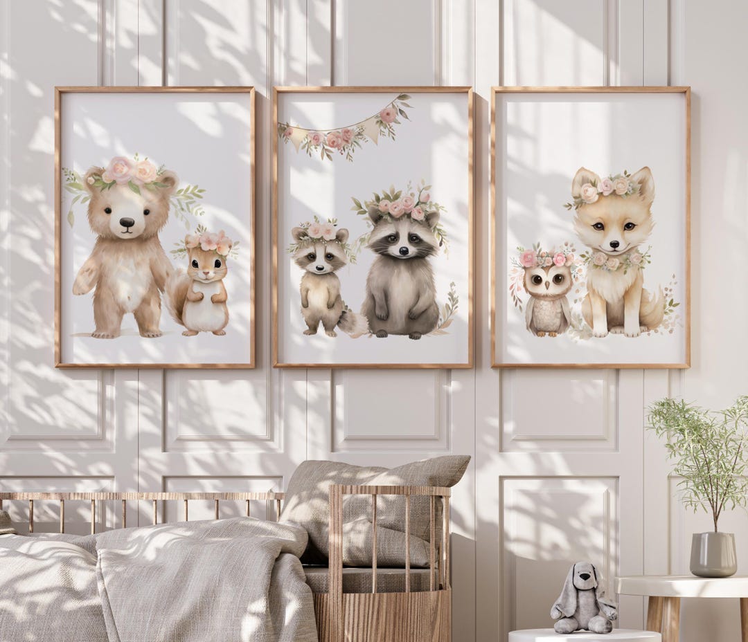Woodland Forest Animals Boho Floral Wall Art Prints Baby Girls Nursery ...