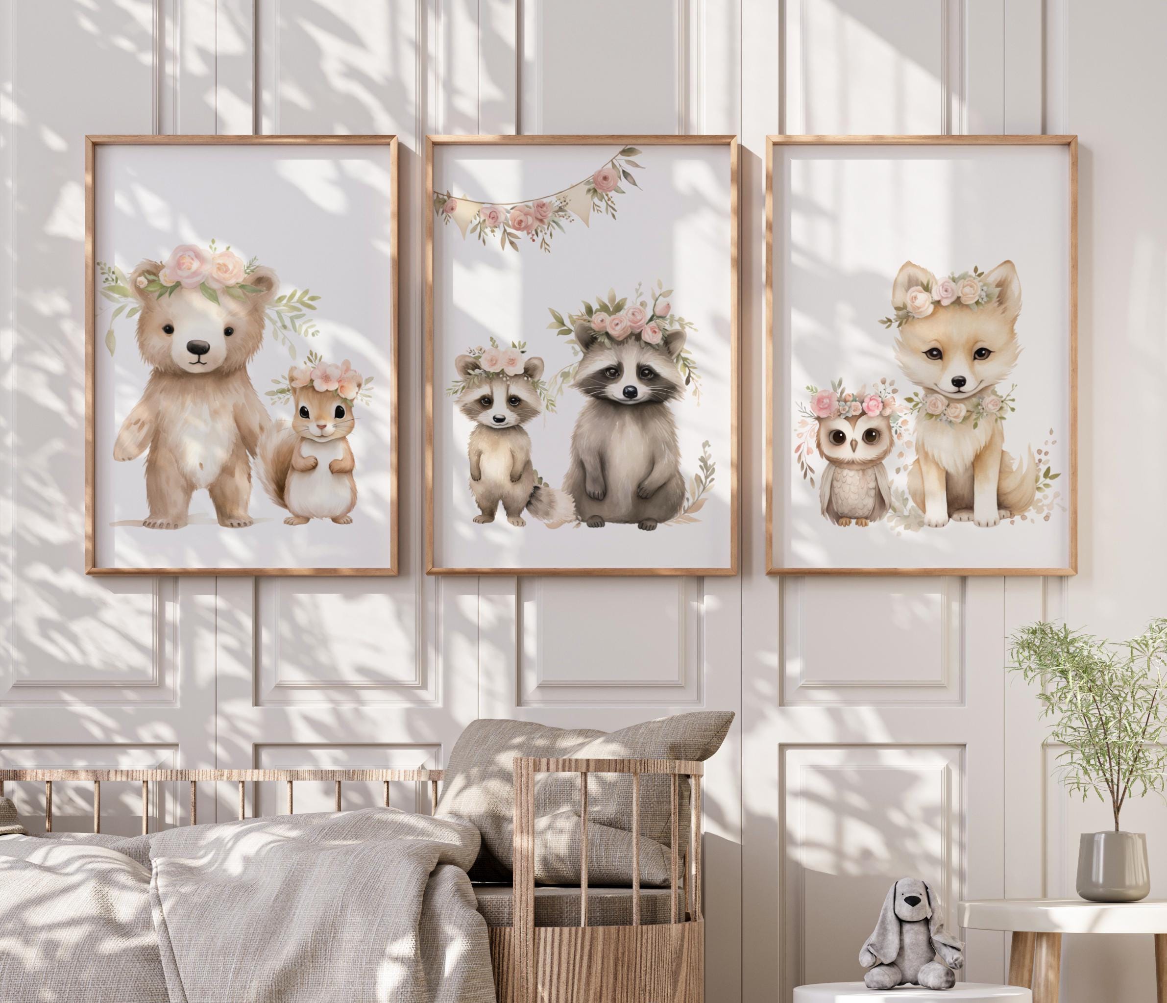 Woodland Forest Animals Boho Floral Wall Art Prints - Baby Girls ...