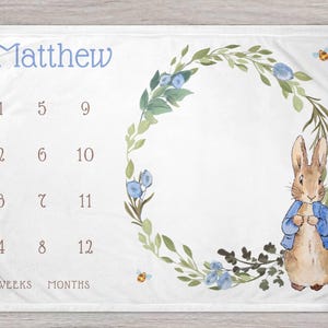 Peter Rabbit Baby Monthly Milestone Blanket, Personalized Baby Blanket, Custom Baby Blanket, Baby Name Blanket, Baby Shower Gift