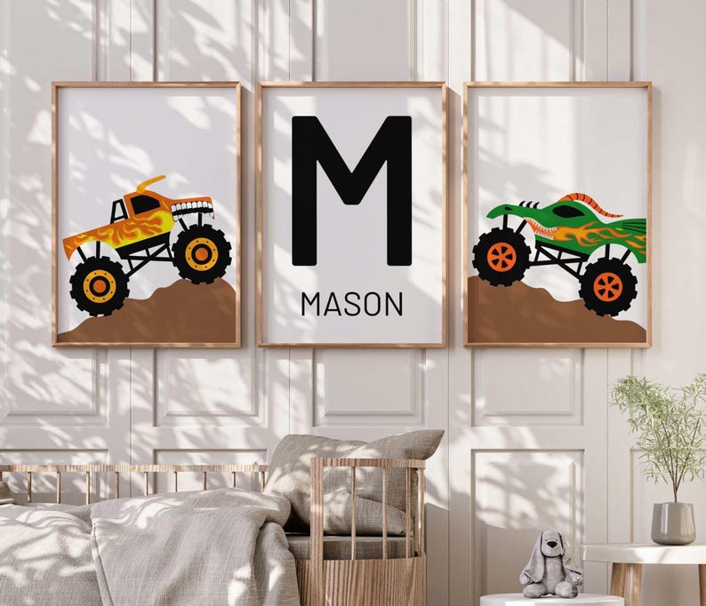 Personalized Monster Truck Wall Art Prints - Playroom - Boys Bedroom Wall Decor - Kids Wall Art Prints - Monster Jam Trucks image 2