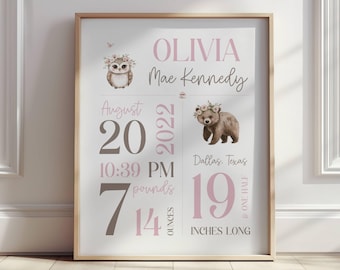 Decoración infantil con animales del bosque, lámina con las estadísticas de nacimiento del bebé, arte de pared personalizado para la habitación de una niña.