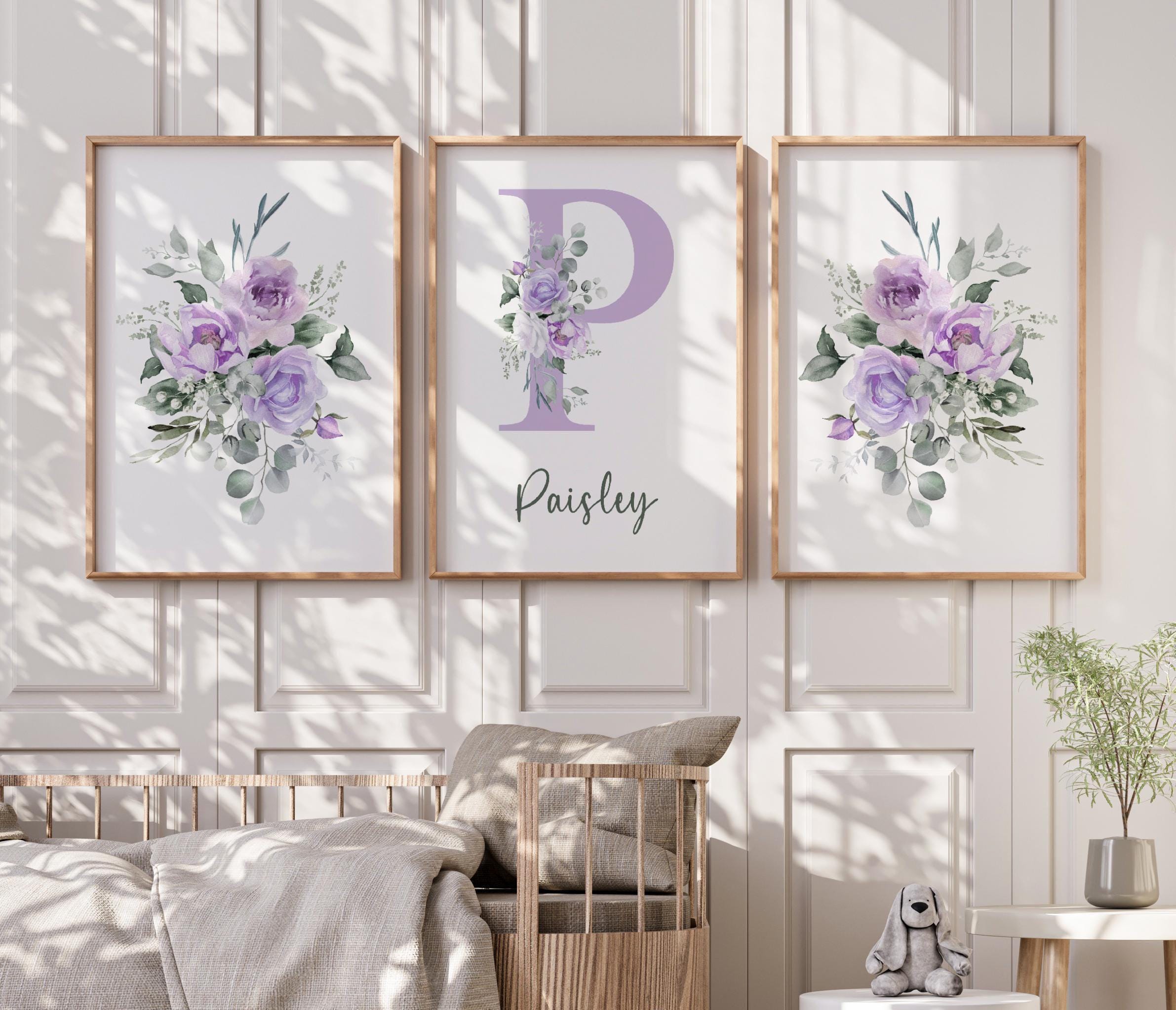 Personalized Purple Floral Baby Girls Nursery Bedroom Wall Art Decor ...