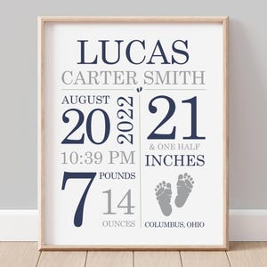 Personalized Baby Boy Footprint Wall Art for Nursery - Birth Stat Room Nursery Decor
