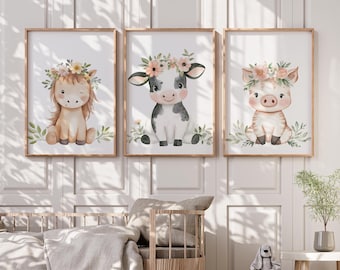 Floral Farm Animals Wall Art Prints - Baby Girls Nursery Wall Art - Nursery Wall Decor - Little Girls Bedroom Decor