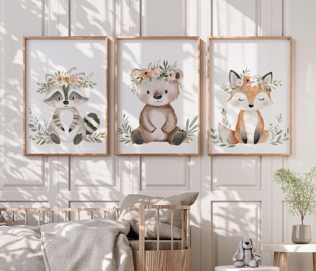 Woodland Forest Animals Floral Wall Art Prints - Baby Girls Nursery ...