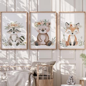 Woodland Forest Animals  Floral Wall Art Prints - Baby Girls Nursery Wall Art - Nursery Wall Decor - Little Girls Bedroom Decor