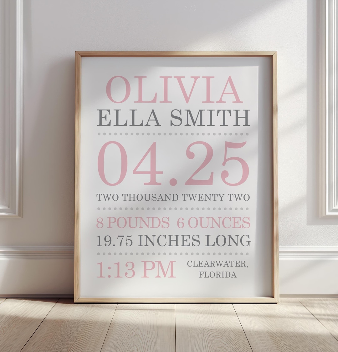 Personalized Baby Birth Stats Nursery Wall Art - Baby Girl Nursery ...