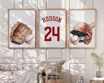 Láminas decorativas personalizadas de béisbol para la habitación de los niños - Pósters deportivos para niños pequeños - Juego de 3 láminas