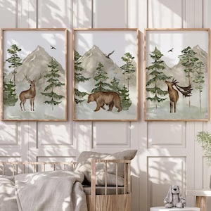 Woodland Forest Animals Nursery Wall Art Print Set - Boys Bedroom Wall Art - Kids Room Wall Decor - Mountain Nursery