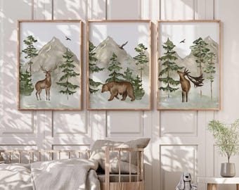 Woodland Forest Animals Nursery Wall Art Print Set - Boys Bedroom Wall Art - Kids Room Wall Decor - Mountain Nursery