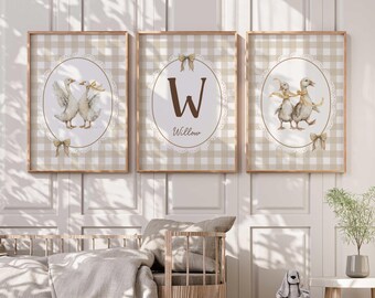 Personalized Goose Nursery Wall Art Print Set, Silly Goose Nursery Decor, Neutral Nursery Decor, Beige Tan  Yellow Cream Goose Wall Art