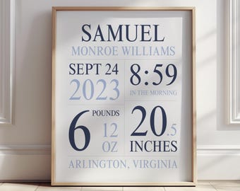 Custom Baby Birth Stat Nursery Wall Art, Personalized Baby Boy Gift, Baby Boy Room Decor, Baby Boy Nursery Decor