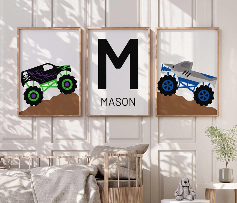 Personalized Monster Truck Wall Art Prints - Playroom - Boys Bedroom Wall Decor - Kids Wall Art Prints - Monster Jam Trucks image 1