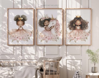 Láminas decorativas de unicornios princesas afroamericanas para pared, decoración para cuarto de bebé niña, arte de pared para dormitorio de niñas, pósteres de unicornios caprichosos, juego de 3