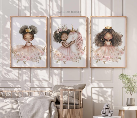 African American Princess Unicorn Wall Art Prints, Baby Girl Nursery Decor, Girls Bedroom Wall Art, Whimsical Unicorn Posters, Set of 3