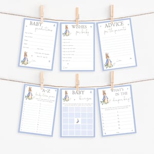 Bundel met Peter Rabbit-babyshowerspellen voor babyjongen, babywensen, advies voor ouders, babyvoorspellingen | Set van 6 | 5 x 7 AFDRUKBAAR