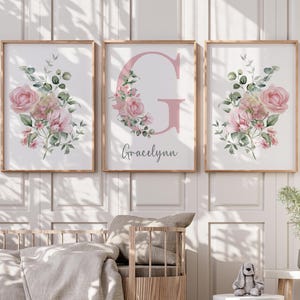 Personalized Pink Floral Baby Girls Nursery Bedroom Wall Art Decor, Custom Letter Initial Baby Name Wall Art Prints