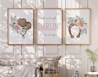 Láminas decorativas de estilo vaquero con estampado floral en tonos melocotón - Arte para la habitación de bebés y niñas - Láminas decorativas para la habitación infantil - Decoración para el dormitorio de niñas pequeñas