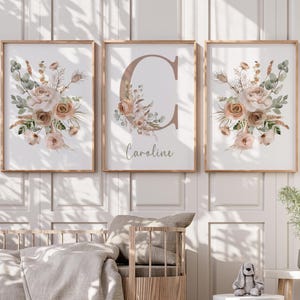 Arte de parede floral boho marrom e creme com flores silvestres personalizada, estampas florais para berçário, berçário de menina, estampas para quarto de menina - IMPRIMÍVEL