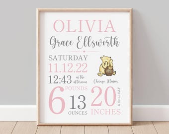 Personalized Winnie the Pooh Nursery Wall Art, Birth Stat Wall Art, Birth Details Poster, Baby Stats Sign, Keepsake Birth Print