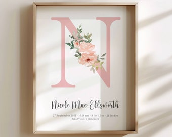 Peach Coral Floral Letter Initial Nursery Wall Art, Baby Birth Stat, Birth Announcement, Personalized Baby Girl Gift, Baby Girl Room Decor